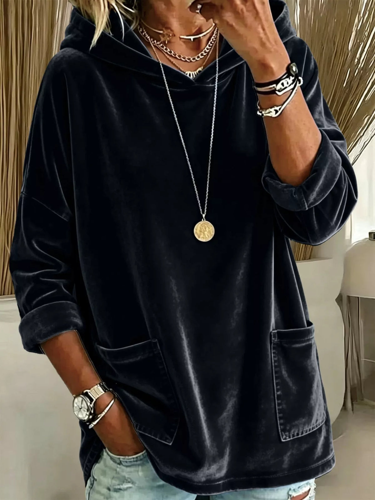 Full Size Velvet Long Sleeve Hoodie with Front Pockets Plus Size - Lilixa.store