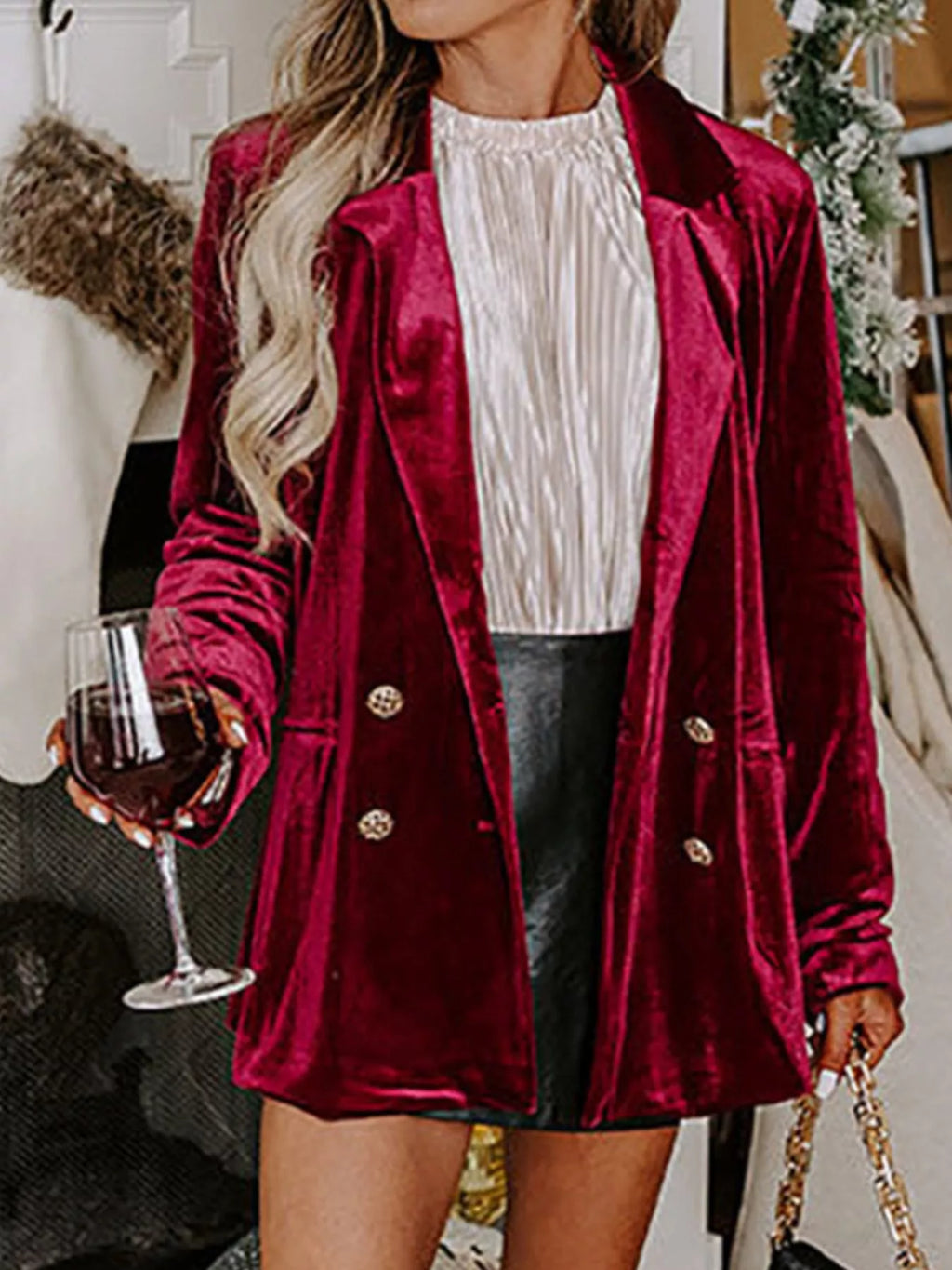 Velvet Lapel Collar Button Up Blazer - Lilixa.store