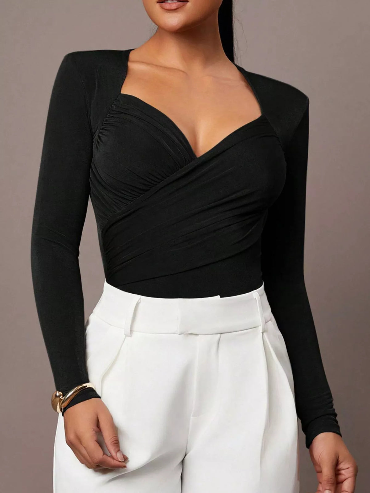 Ruched Surplice Long Sleeve Bodysuit - Lilixa.store