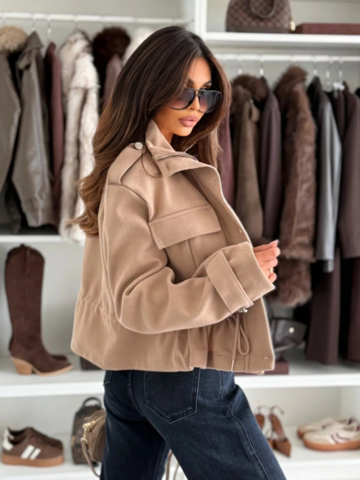 Drawstring Waist Cropped Jacket, view 3