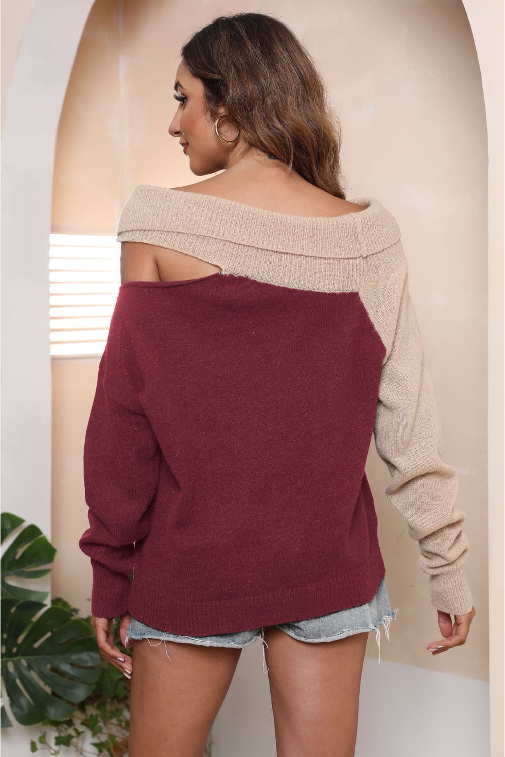 Asymmetrical Long Sleeve Two-Tone Cutout Sweater, view 12
