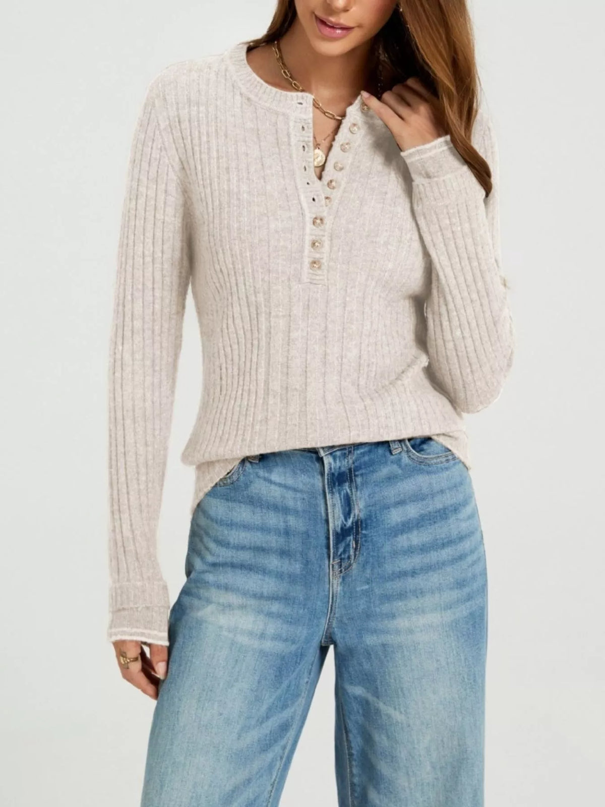 Button Detail Ribbed Knit Top