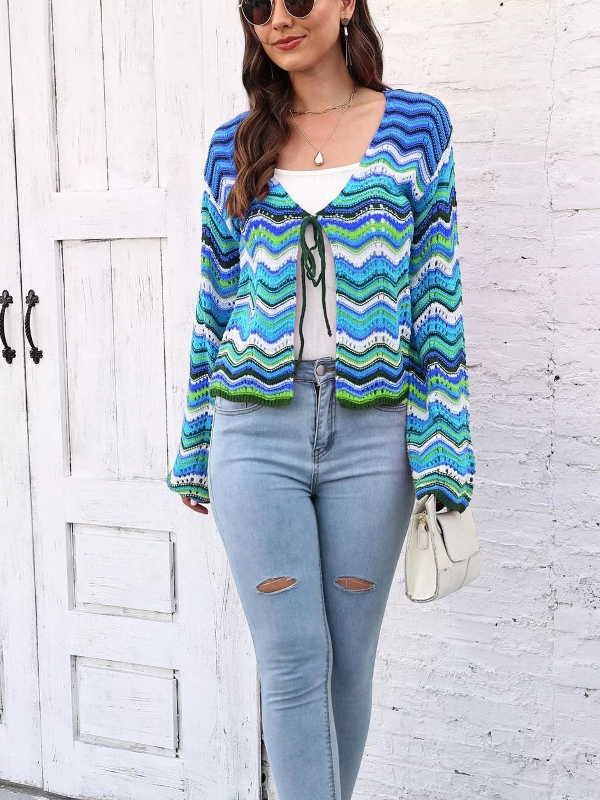 Vibrant Chevron Striped Tie-Front Knit Cardigan, view 11
