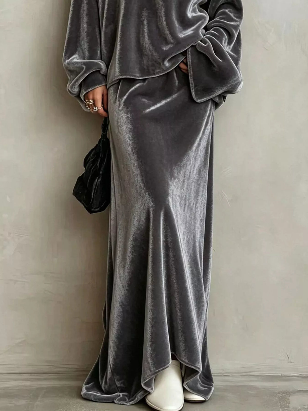 V-Neck Velvet Long Sleeve Top and Maxi Skirt Two-Piece Set