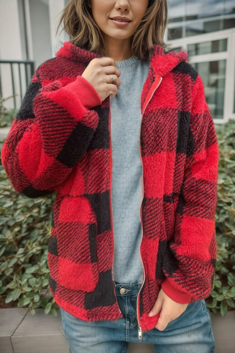 Double Take Full Size Check Fuzzy Sherpa Hooded Zip Up Teddy Winter Coat with Pockets Plus Size - Lilixa.store
