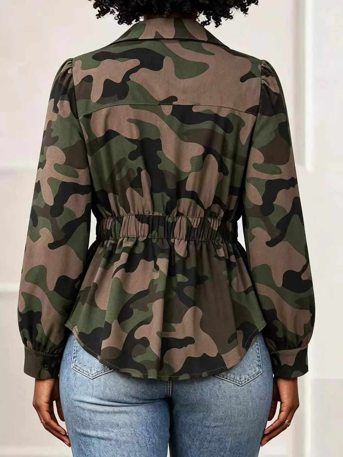Camouflage Button Front Long Sleeve Blouse - Lilixa.store