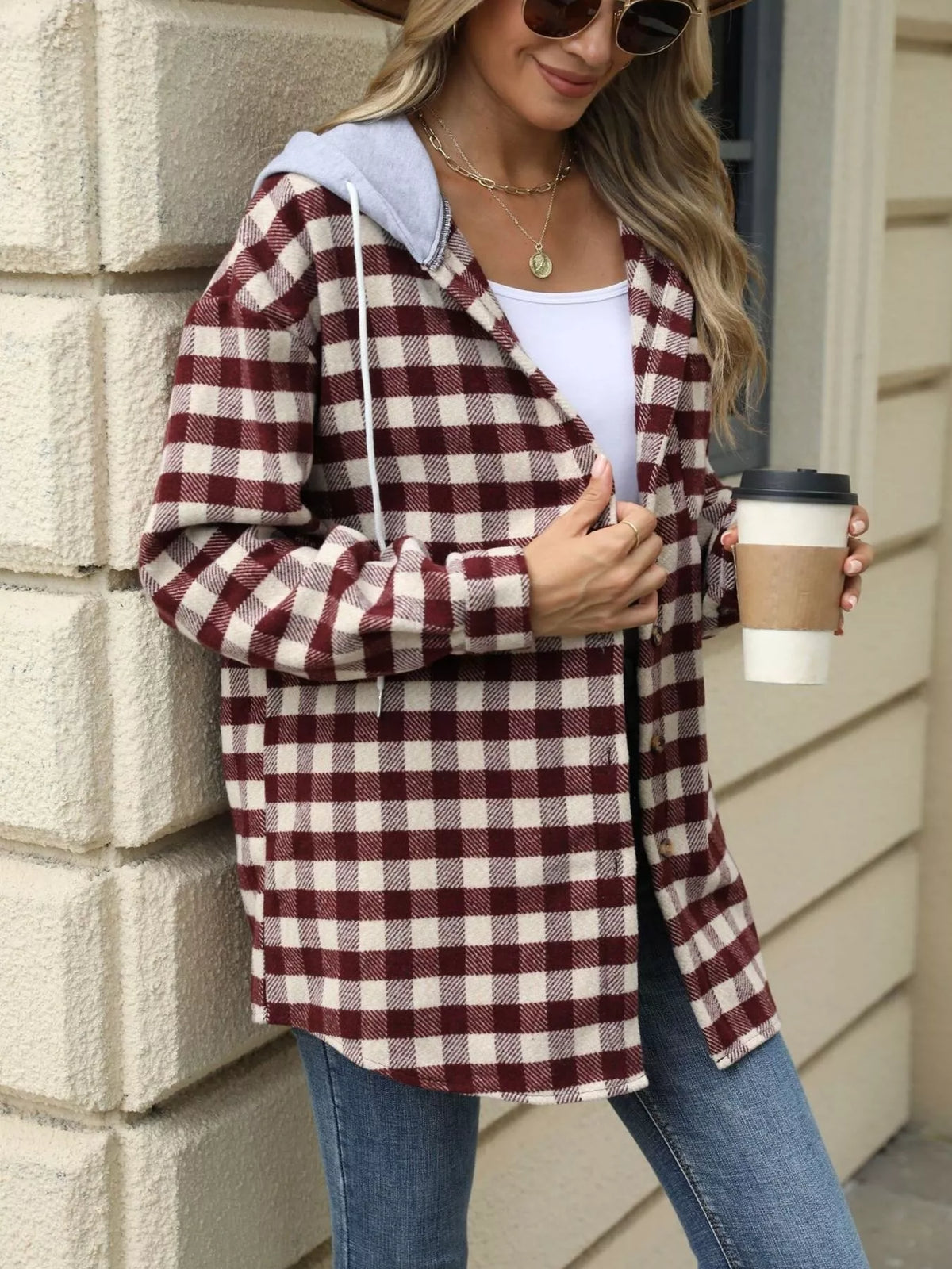 Plaid Button Up Long Sleeve Drawstring Hooded Jacket, view 23