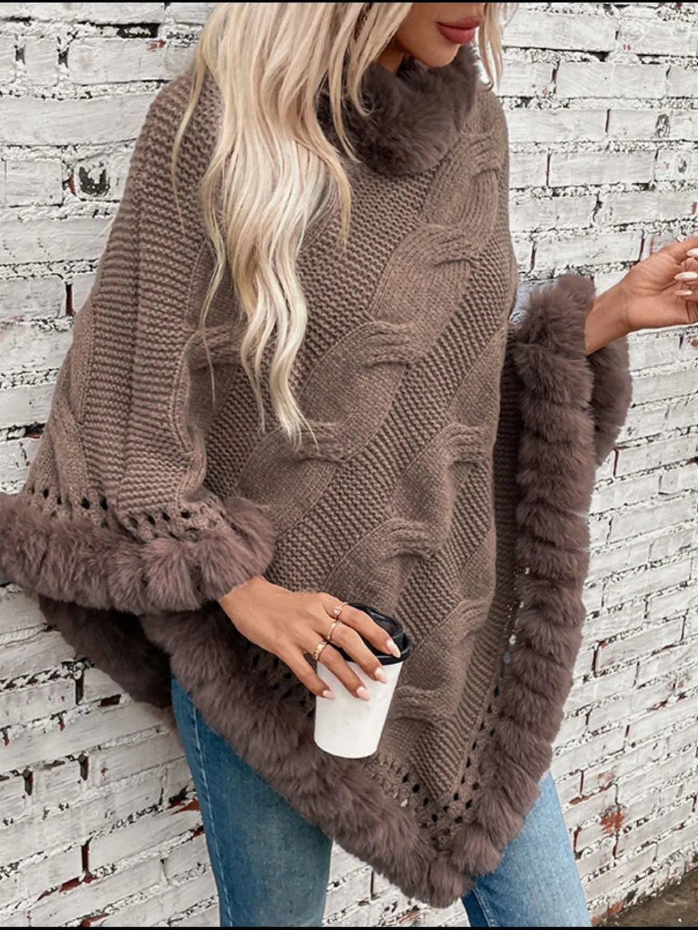 Fuzzy Hem Cable-Knit Poncho - Lilixa.store