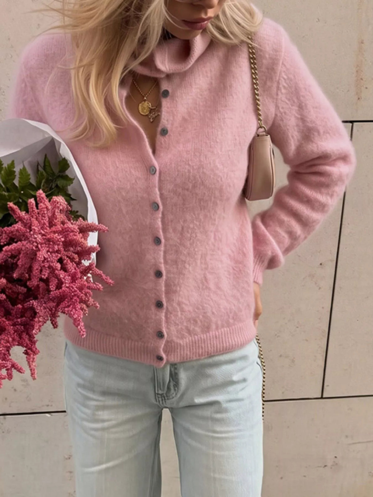 Mock Neck Button-Down Fuzzy Knit Cardigan, view 5