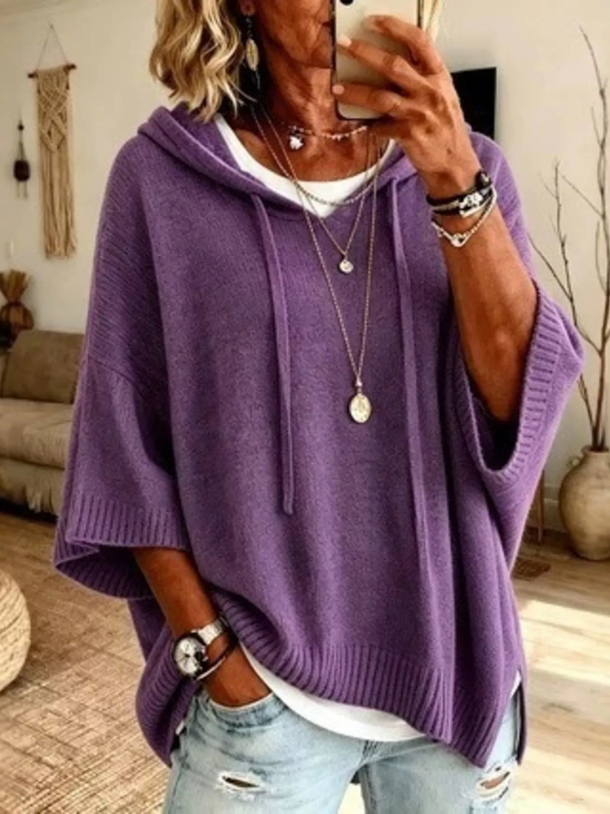 Full Size Casual Hooded Batwing Sleeve Knit Sweater Plus Size - Lilixa.store
