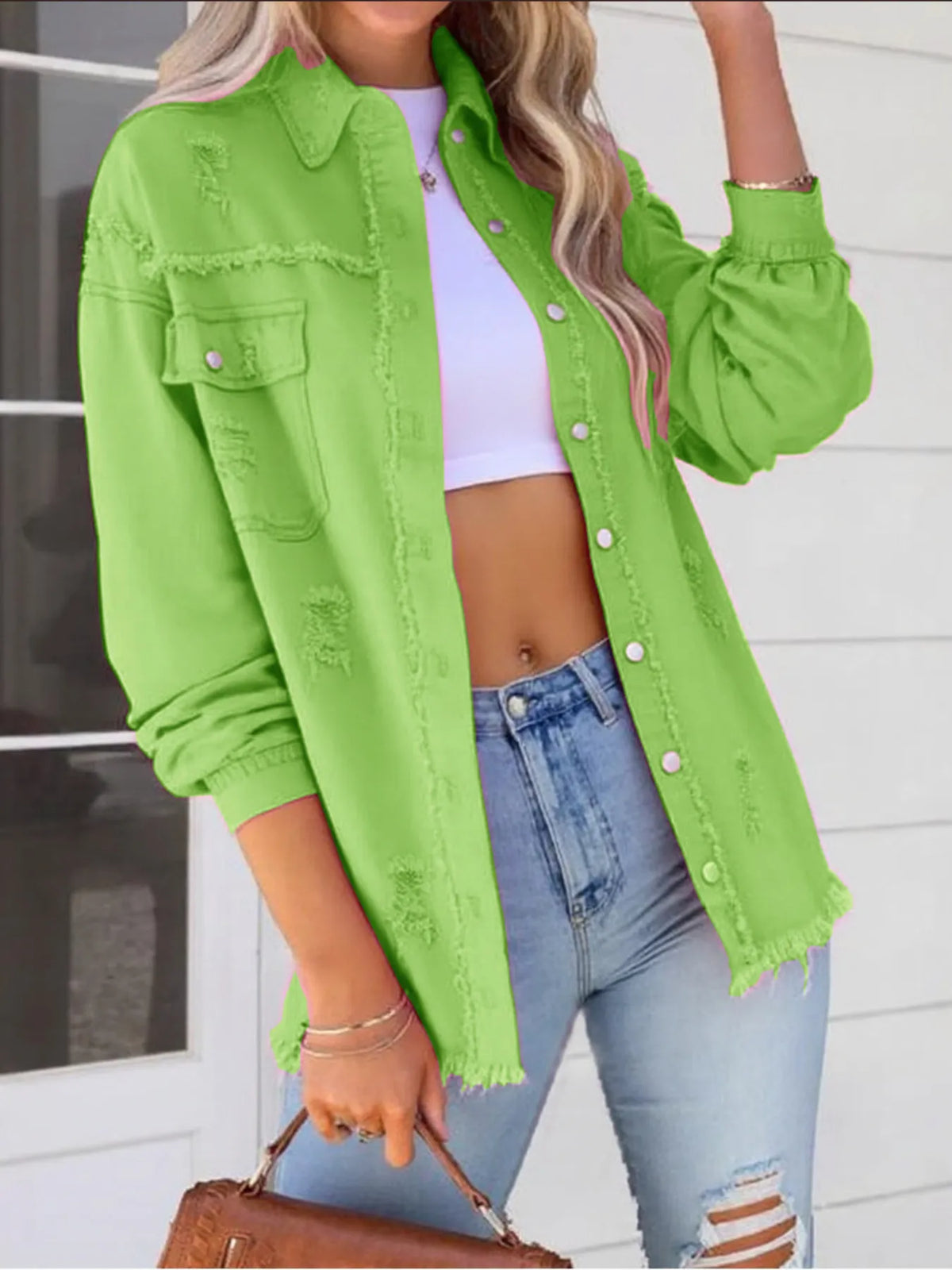 Distressed Denim Jacket with Frayed Edges - Lilixa.store