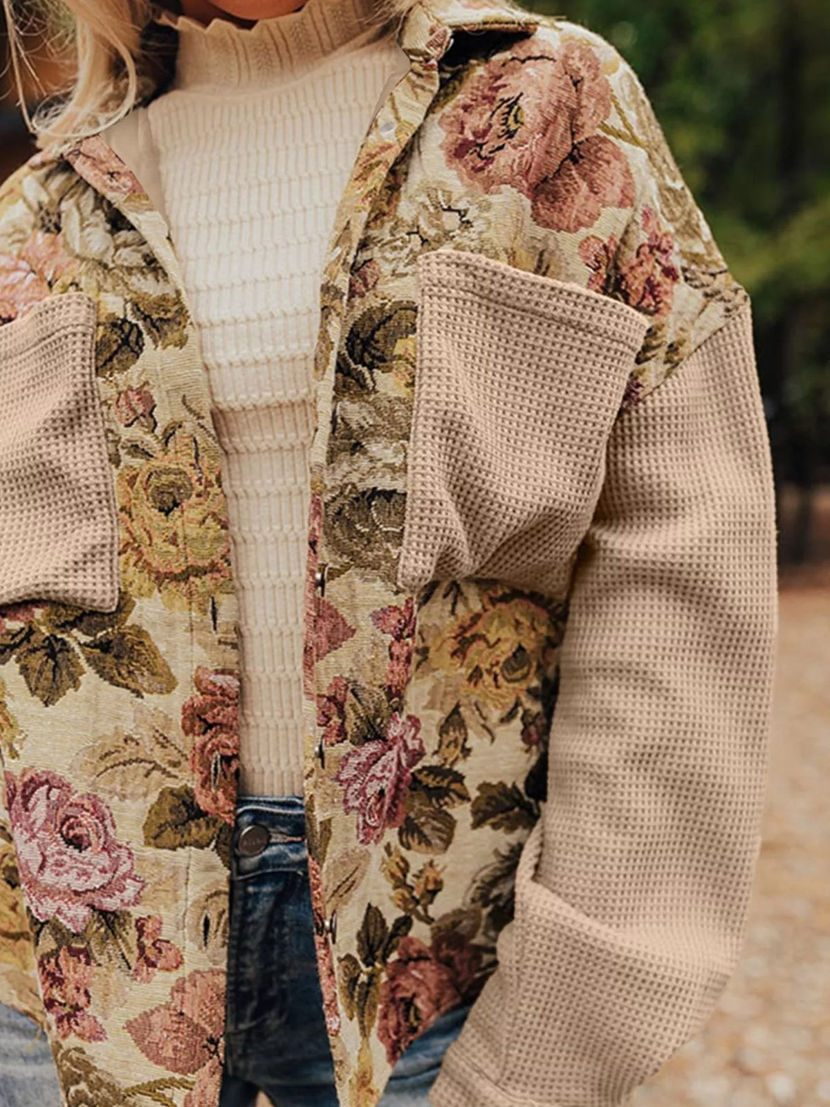 Floral Waffle Knit Patchwork Chest Pockets Buttoned Jacket in Tan, view 5