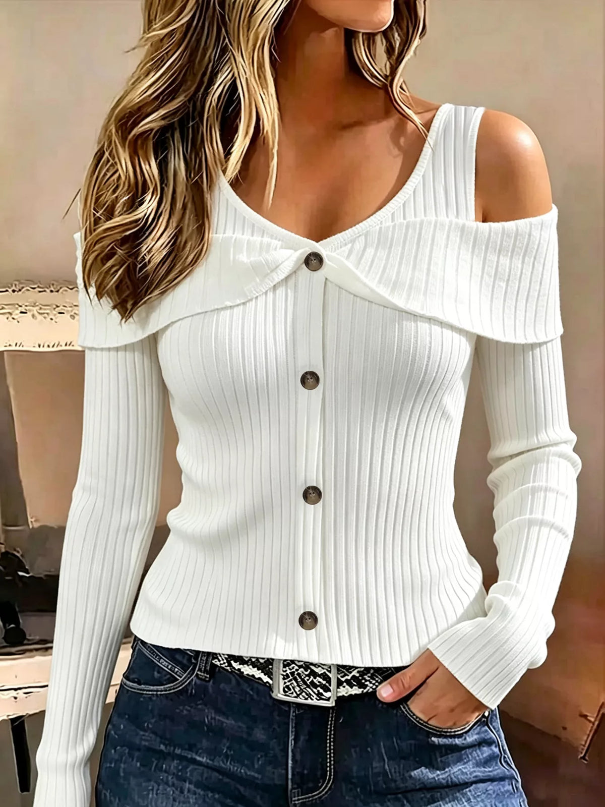 Cold Shoulder Ribbed Knit Top - Lilixa.store