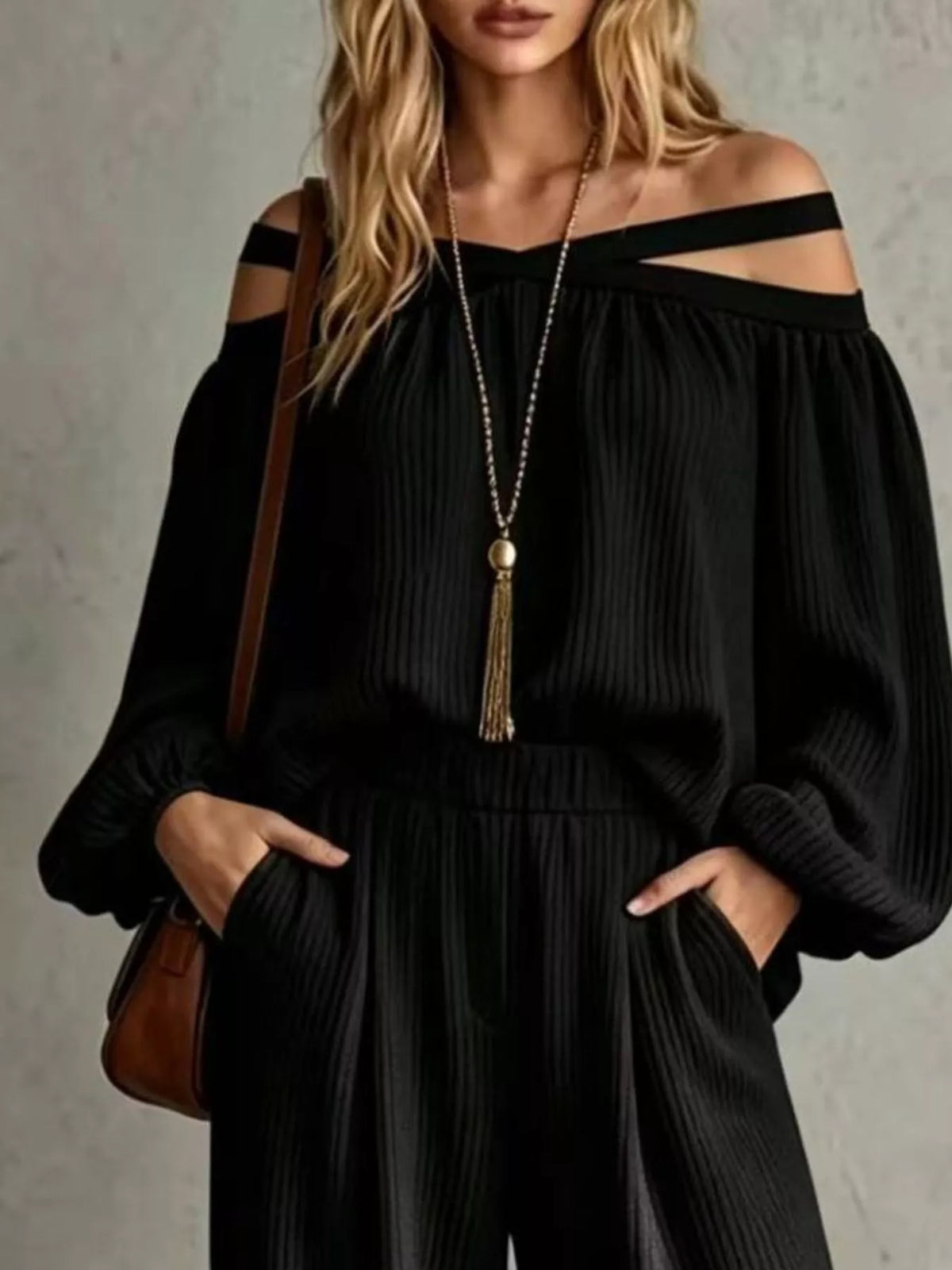 Off-Shoulder Crisscross Cutout Ribbed Knit Top and Wide-Leg Pants Set, view 5