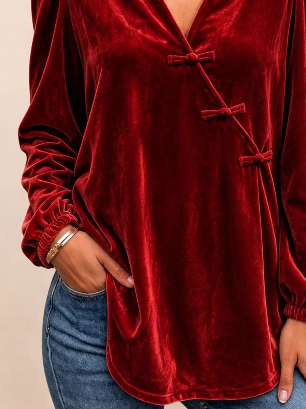 Chinese-Style Knot Buttons Velvet Blouse - Lilixa.store