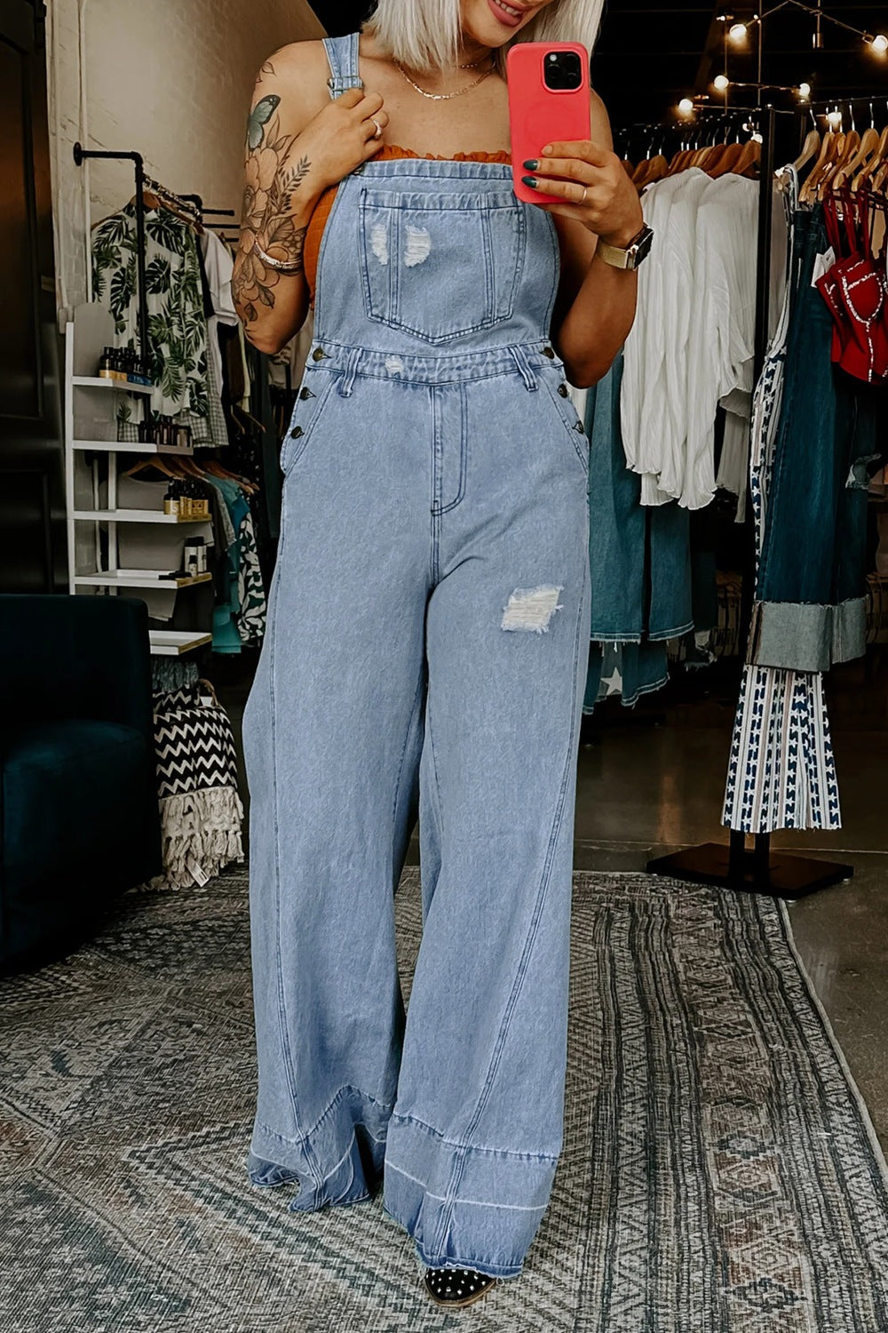 Distressed Wide Leg Denim Overalls - Lilixa.store