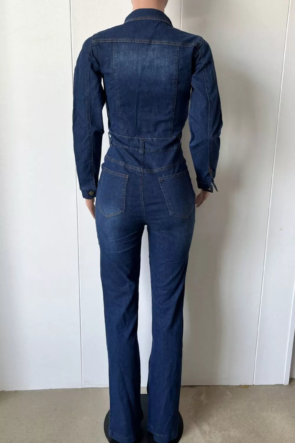 Slim-Fit Long Sleeve Denim Jumpsuit with Flared Legs in Dark Blue, view 7