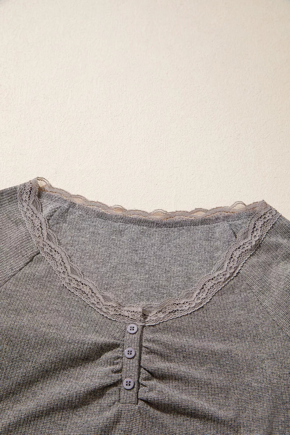 Solid Color Ribbed Lace Trim V-Neck Button Detail Long Sleeve Top
