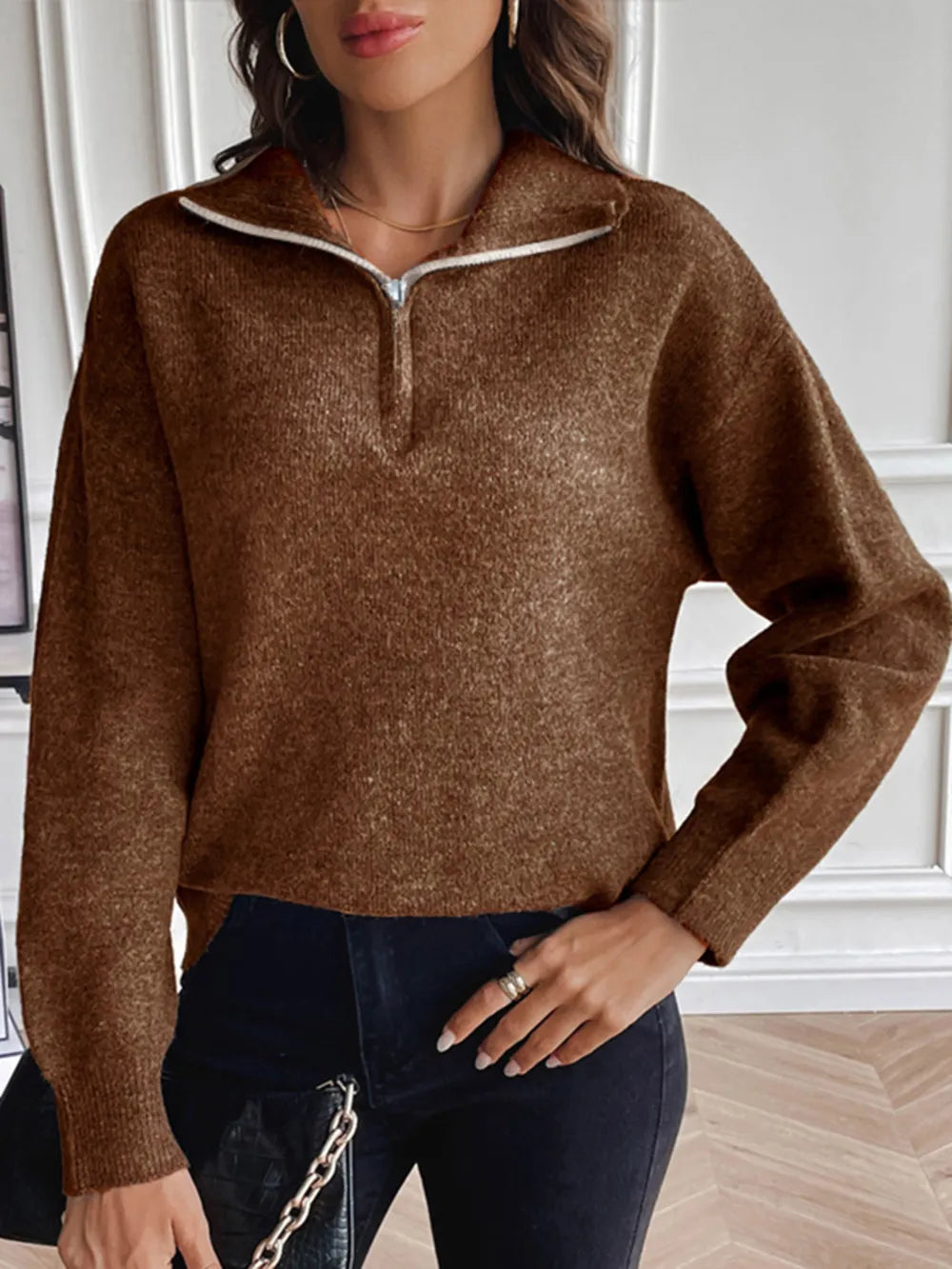Half Zip Dropped Shoulder Sweater in Chestnut