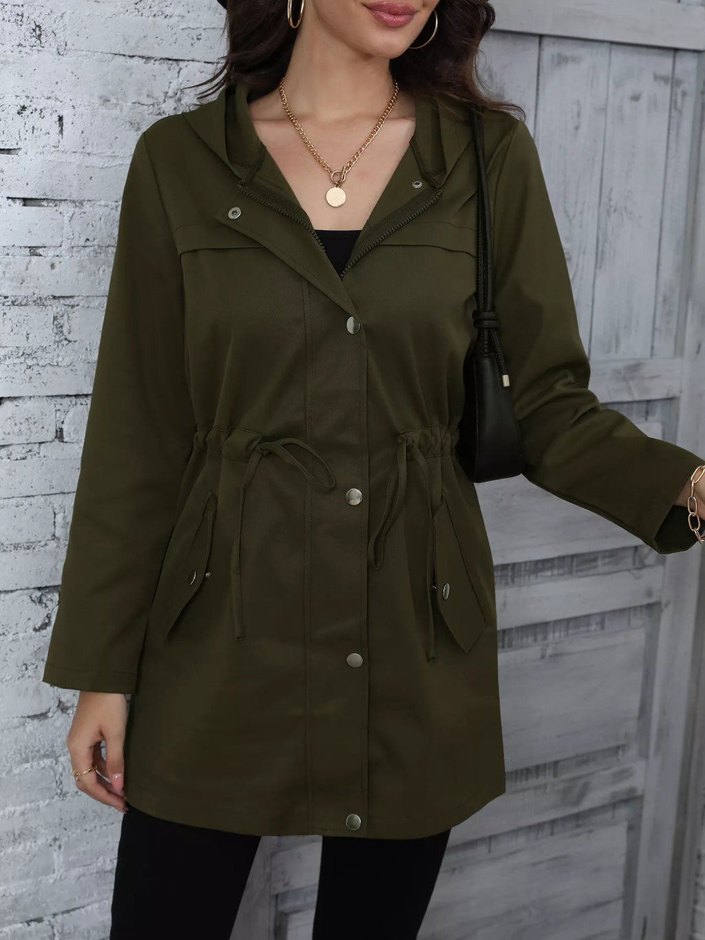 Hooded Drawstring Waist Casual Outerwear - Lilixa.store