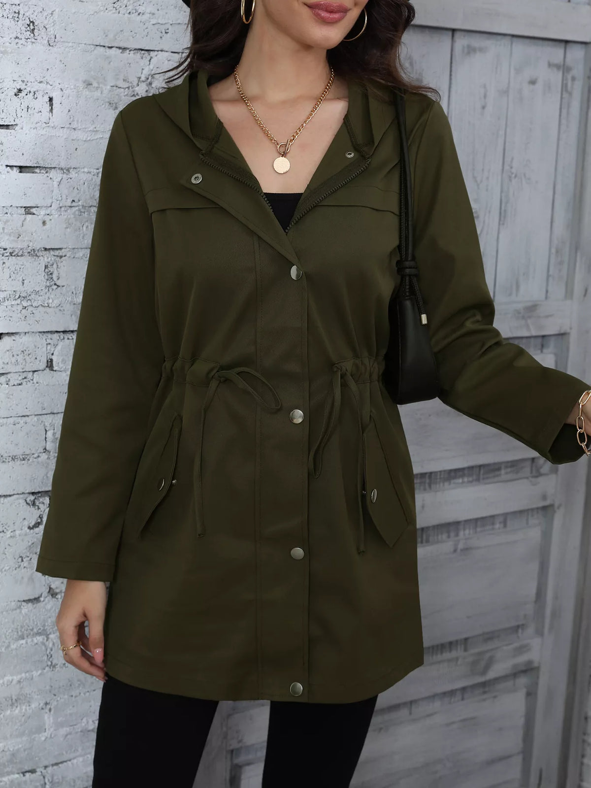 Hooded Drawstring Waist Casual Outerwear - Lilixa.store