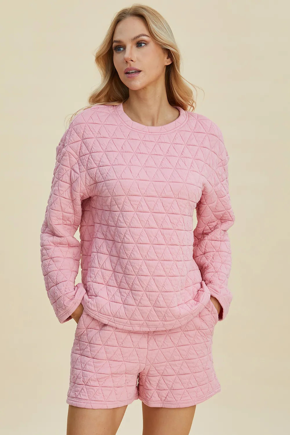 Double Take Full Size Texture Round Neck Long Sleeve Top and Shorts Set - Lilixa.store
