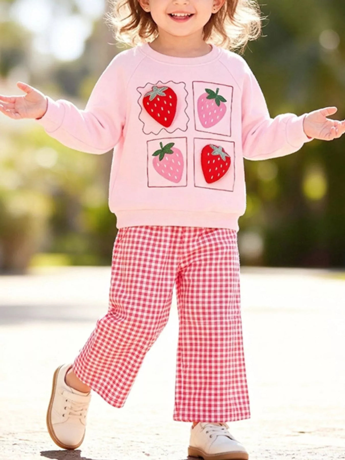 Children's Strawberry Graphic Sweatshirt and Gingham Pants Set - Lilixa.store