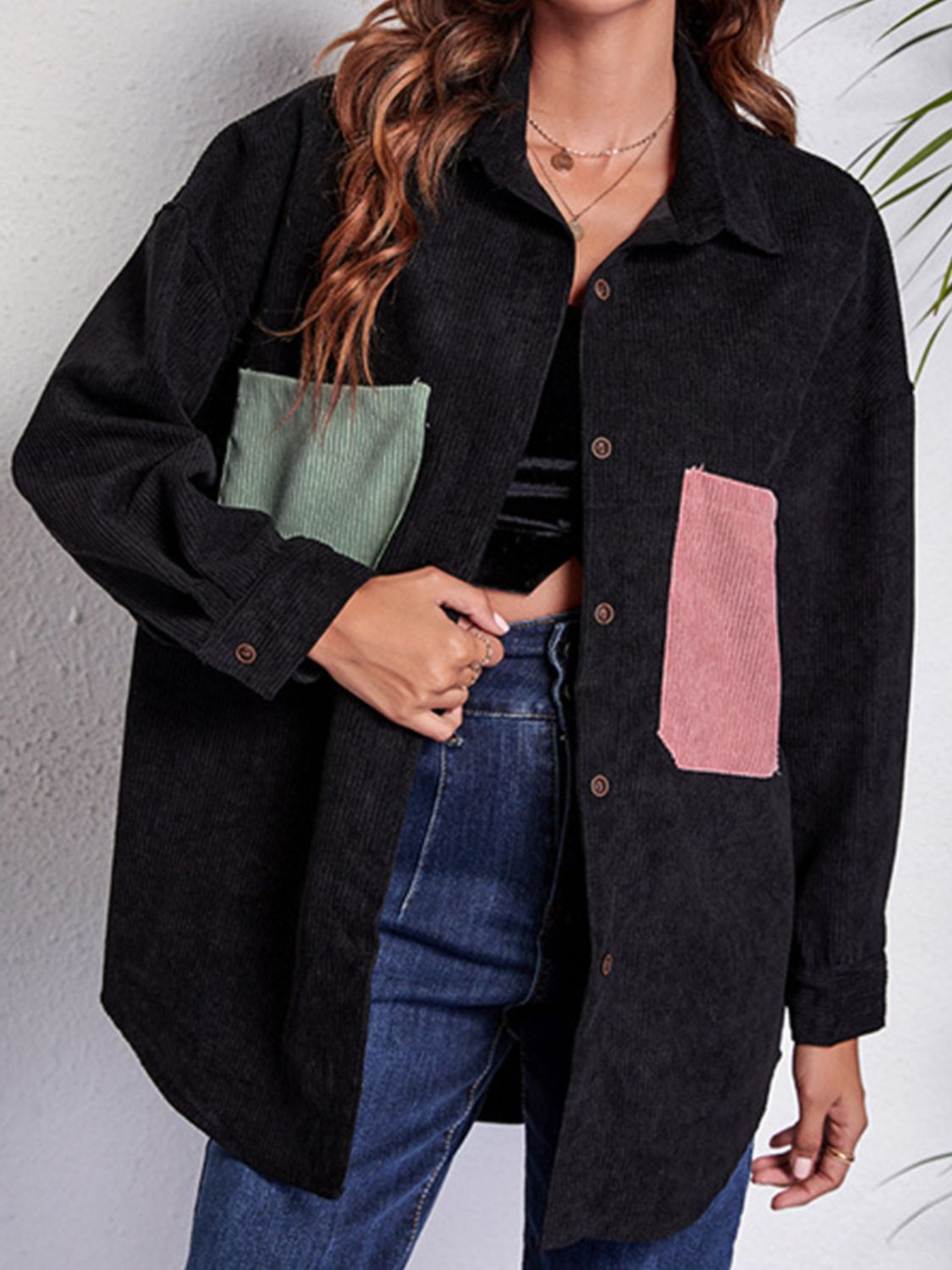 Patch Pocket Dropped Shoulder Shirt Jacket in Black