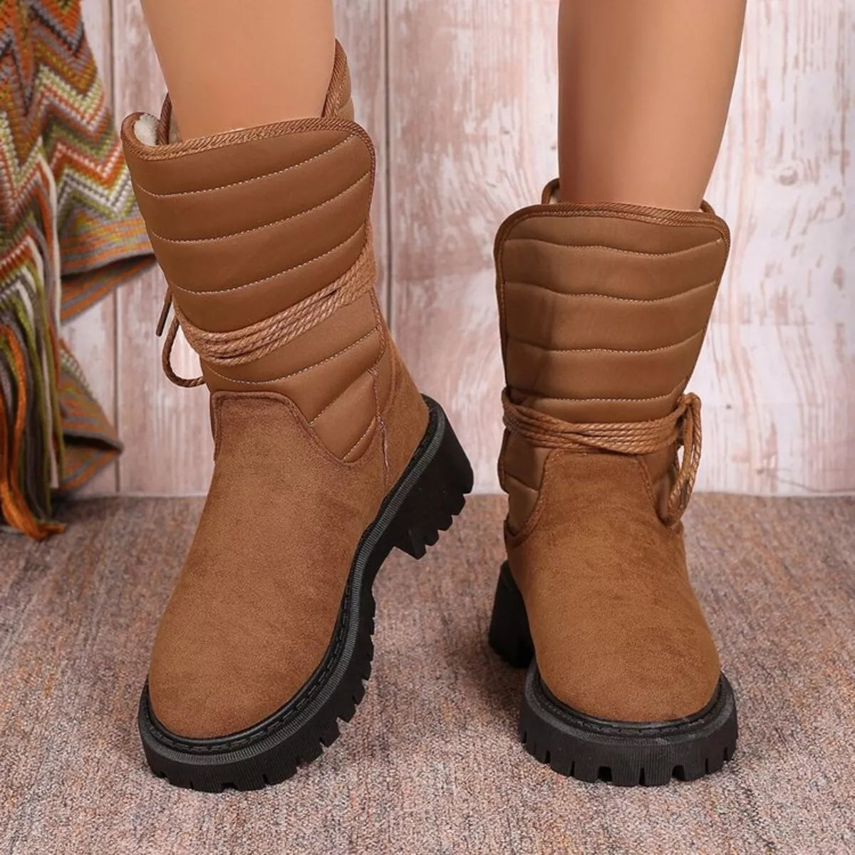 Quilted Lace-Up Mid-Calf Boots, view 11