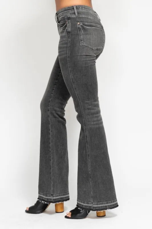 Judy Blue Full Size Mid Rise Tummy Control Washed Gray Release Hem Flare Jeans Plus Size - Lilixa.store
