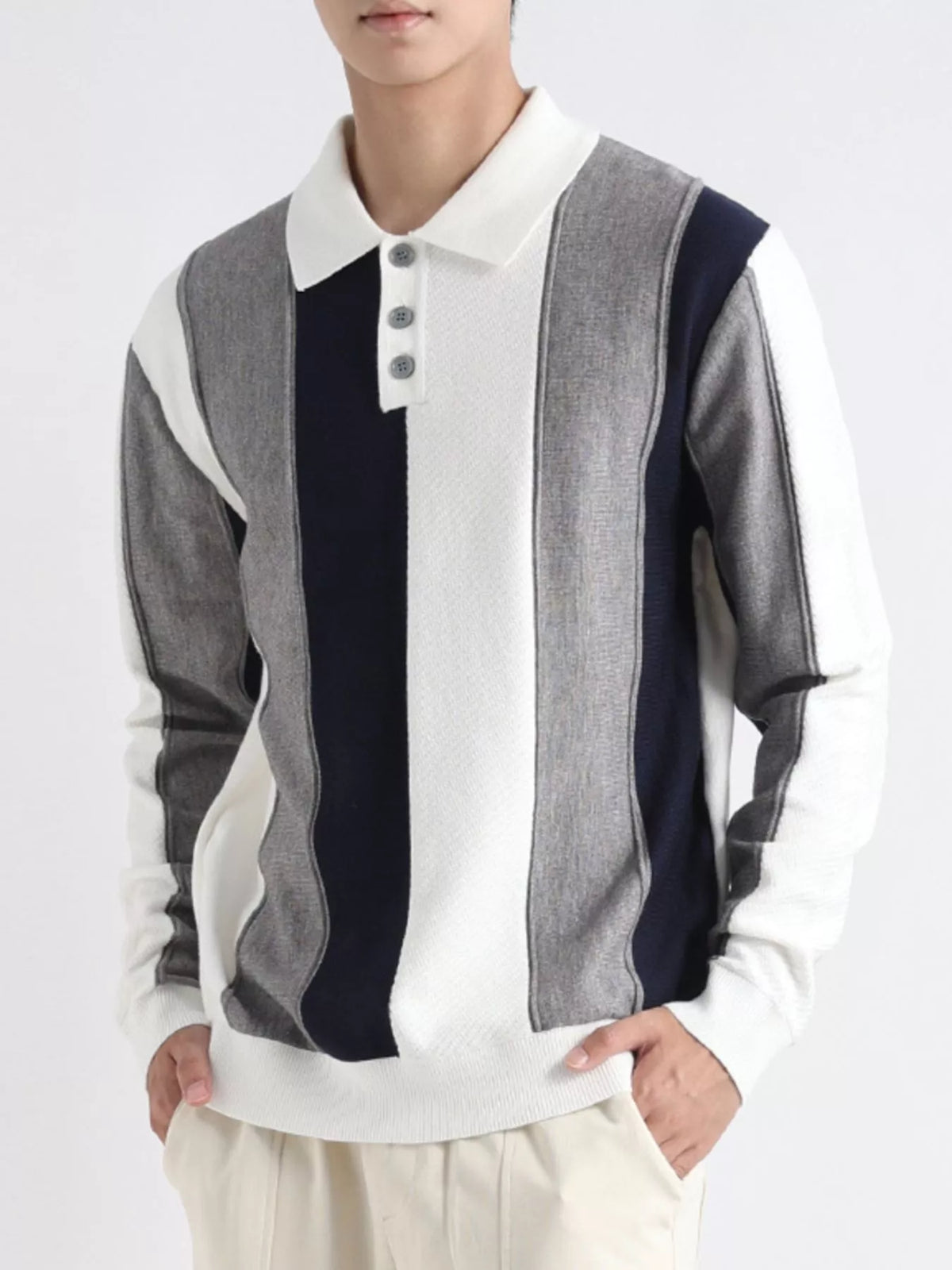 Men's Plus Size Color-Block Striped Polo Collar Knit Top - Lilixa.store