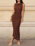 Draped Sleeveless Bodycon Maxi Dress with Metal Detail - Lilixa.store