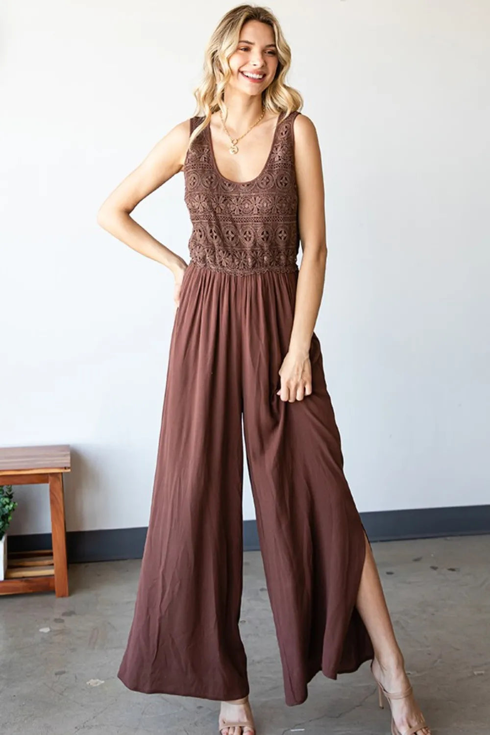 First Love Tie Back Sleeveless Slit Wide Leg Jumpsuit - Lilixa.store