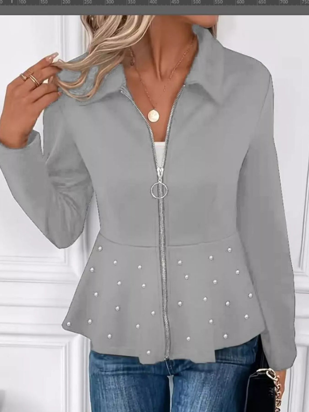 Pearl Embellished Zip-Up Peplum Outerwear, view 7