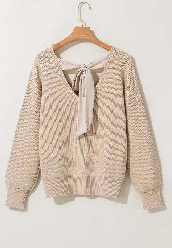 Tied Back V-Neck Long Sleeve Sweater - Lilixa.store