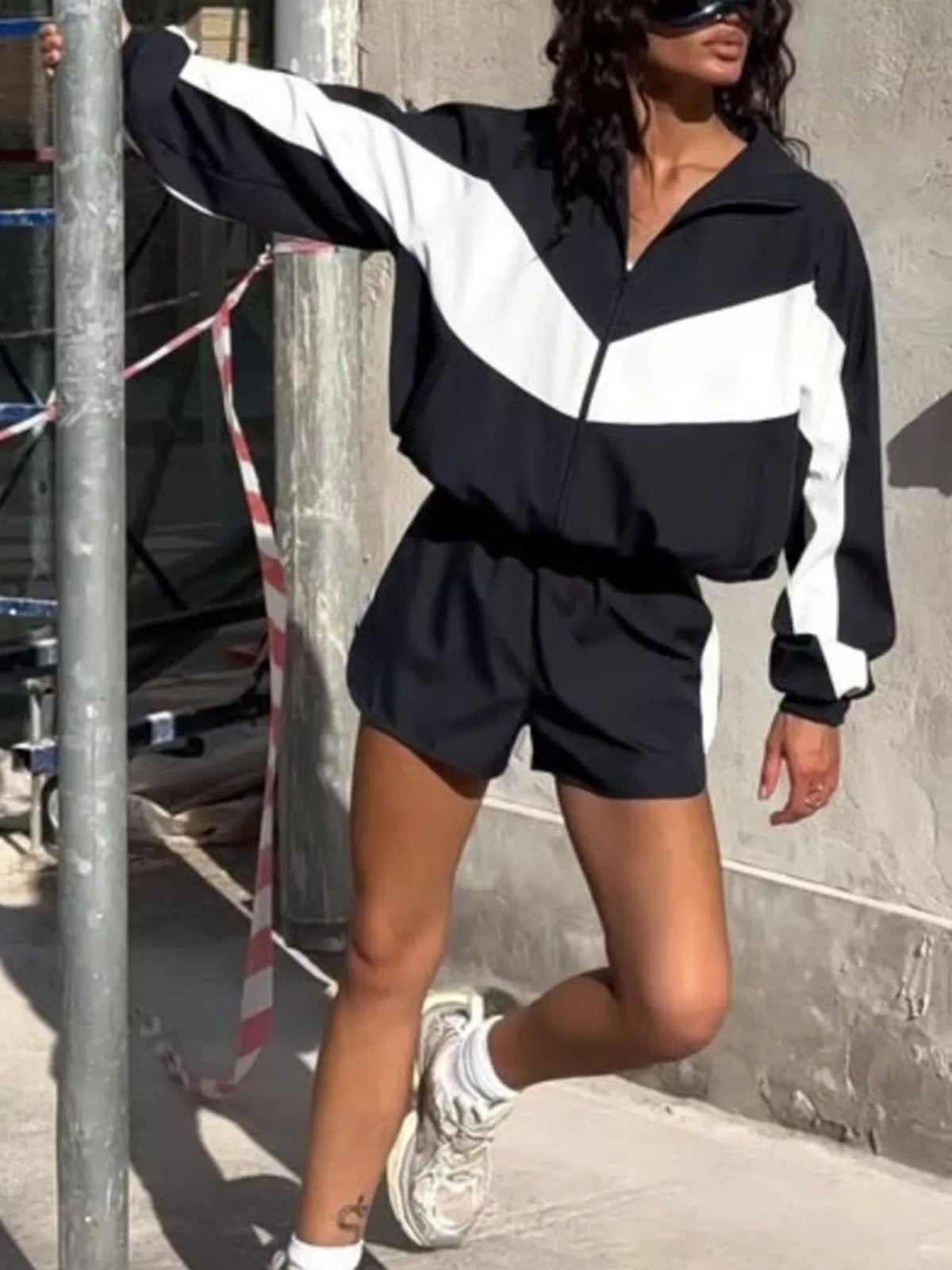 Color-Block Zip-Up Jacket and Shorts Set - Lilixa.store
