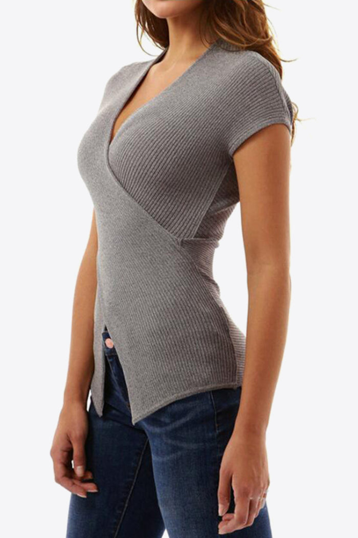 Ivy Lane Ribbed Surplice Neck Slit Top in Gray Dawn