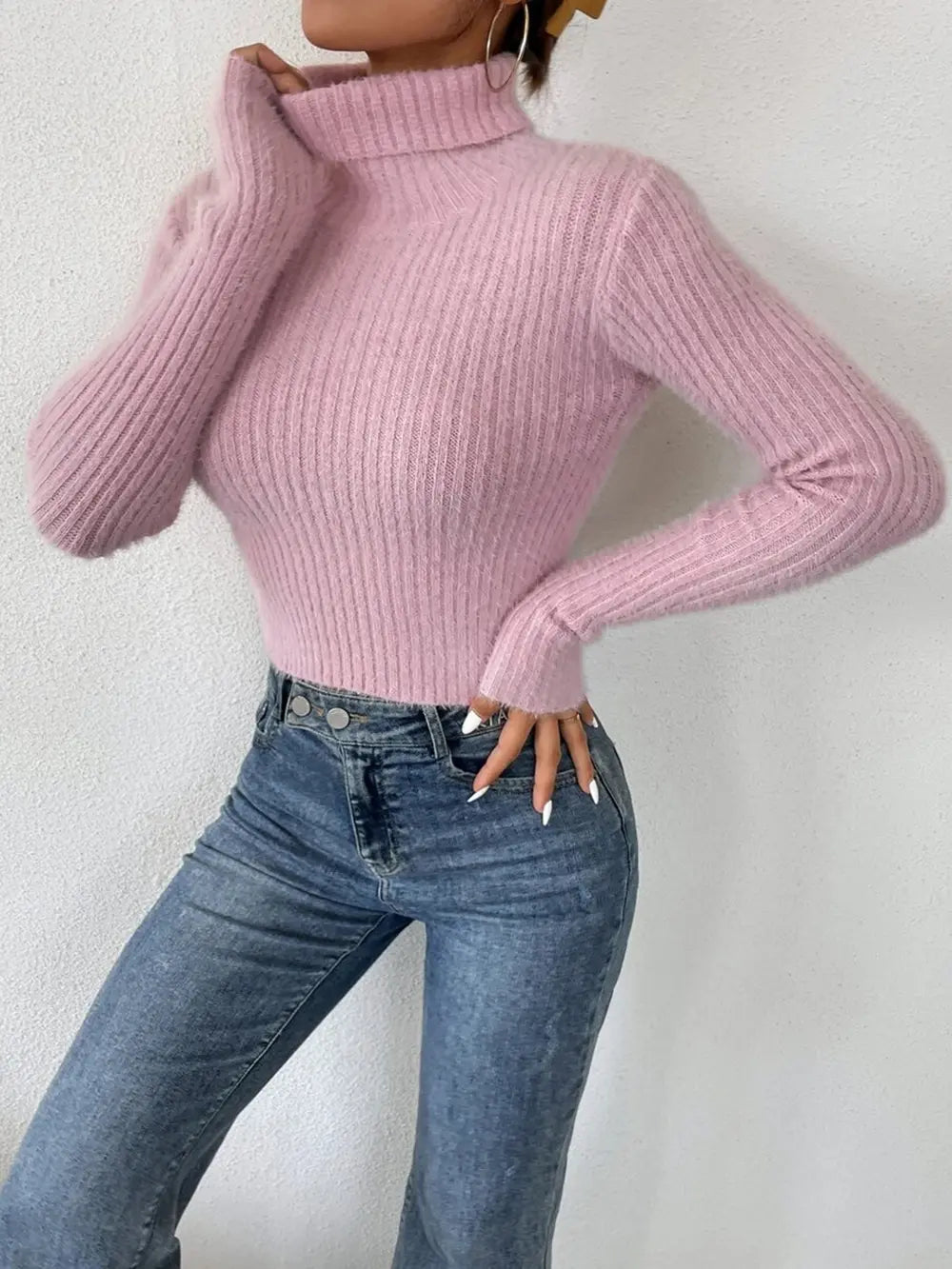 Ribbed Turtleneck Long Sleeve Sweater, view 2