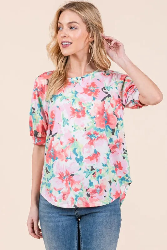 BOMBOM Floral Round Neck Puff Sleeve Top - Lilixa.store