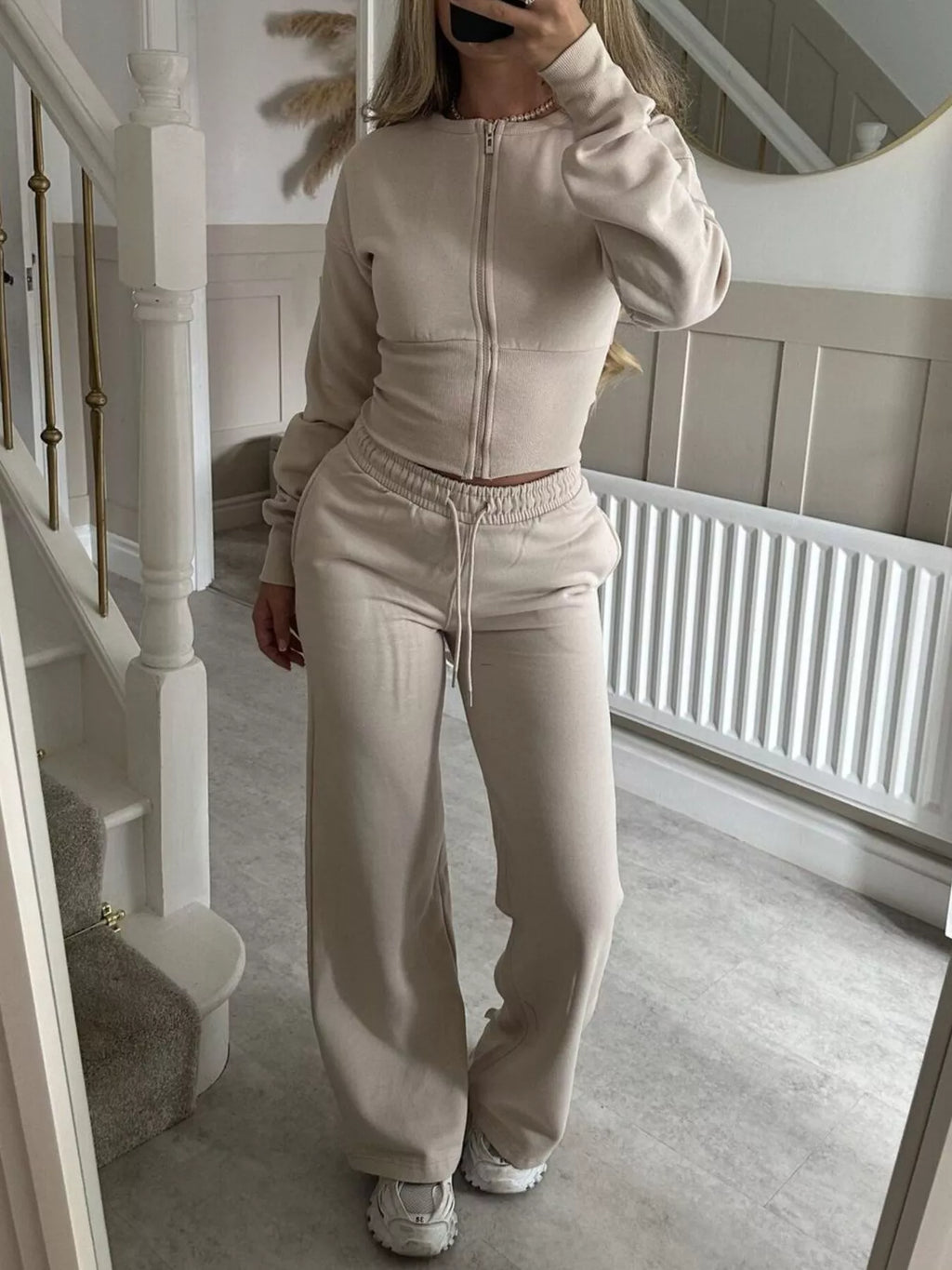 Zip-Up Crop Hoodie and High-Waisted Pants Set - Lilixa.store
