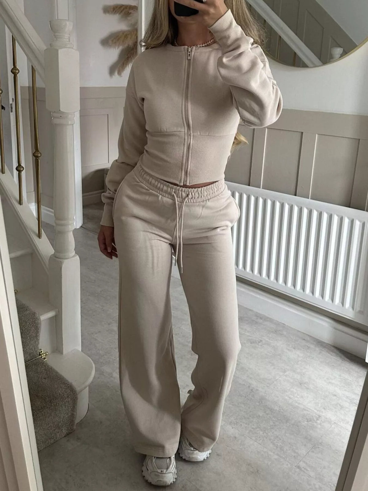 Zip-Up Crop Hoodie and High-Waisted Pants Set - Lilixa.store
