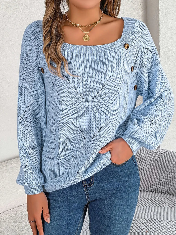 Openwork Buttoned Square Neck Sweater in Misty Blue