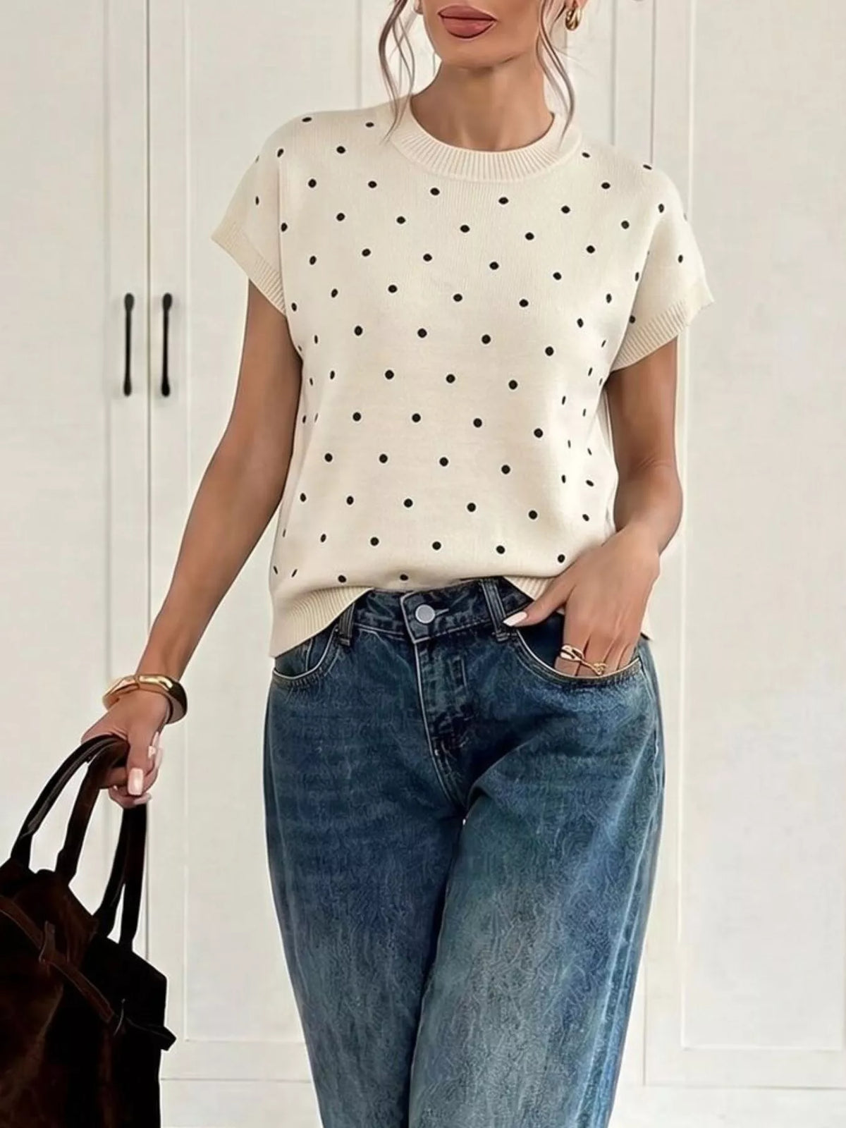 Polka Dot Short Sleeve Knit Sweater in Apricot, view 5