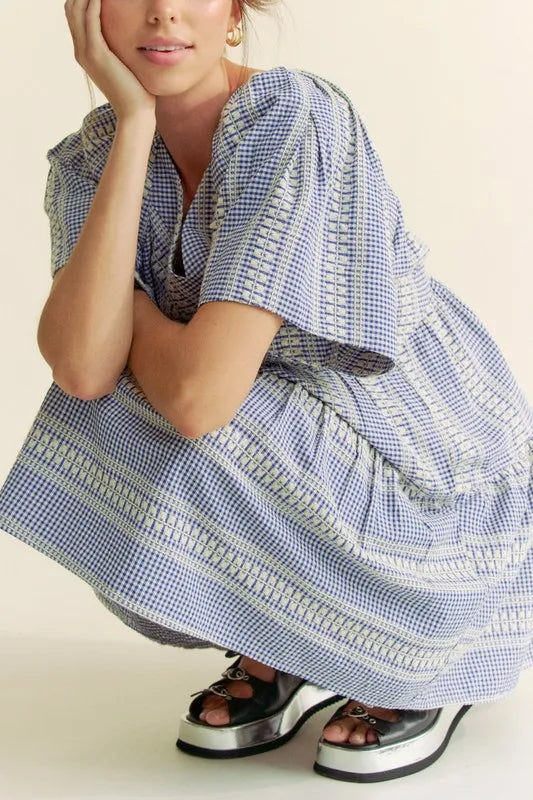 Davi & Dani Embroidered Stripe Ruffled Gingham Mini Dress - Lilixa.store