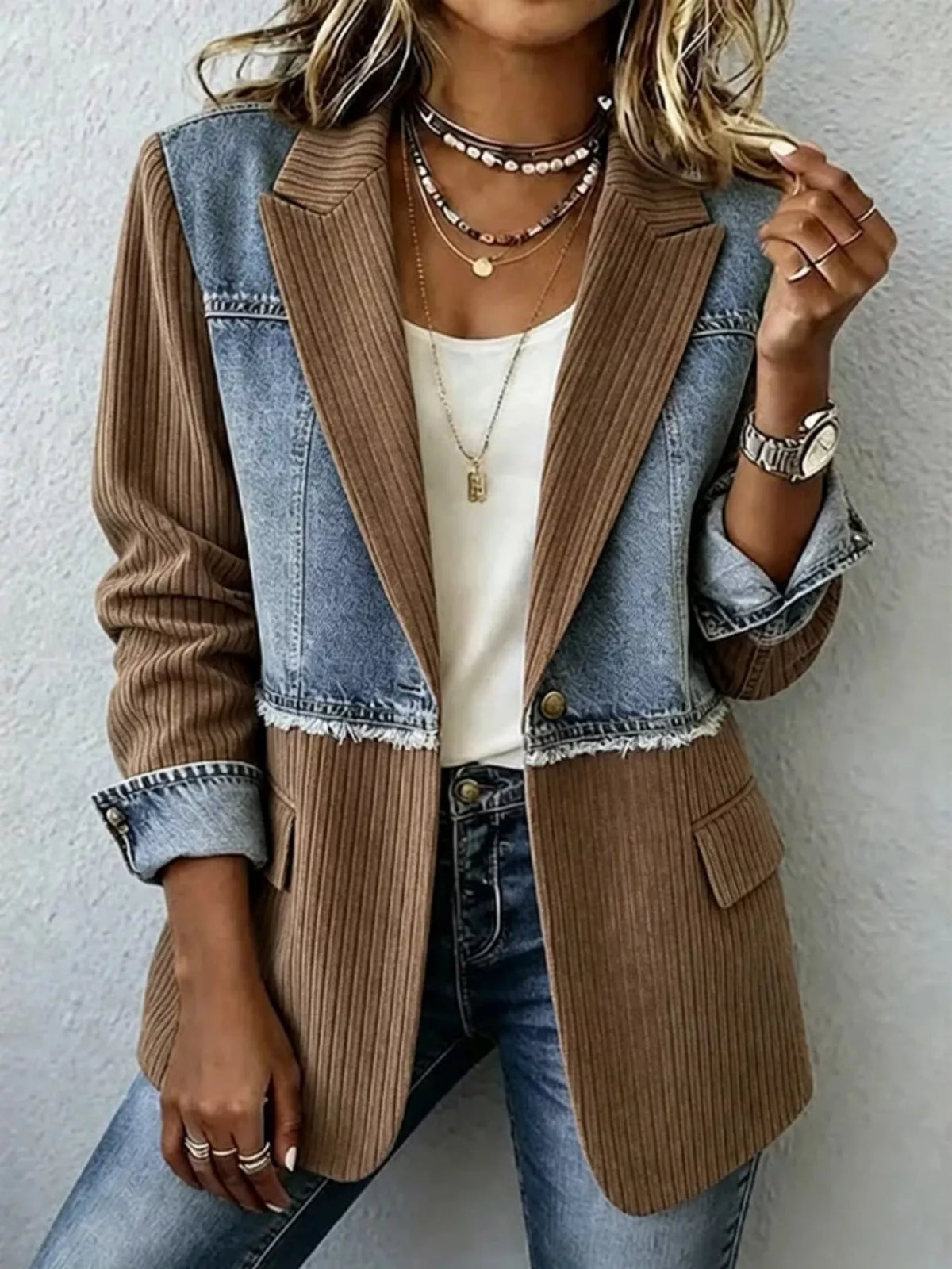 Full Size Patchwork Denim Ribbed Blazer Plus Size - Lilixa.store