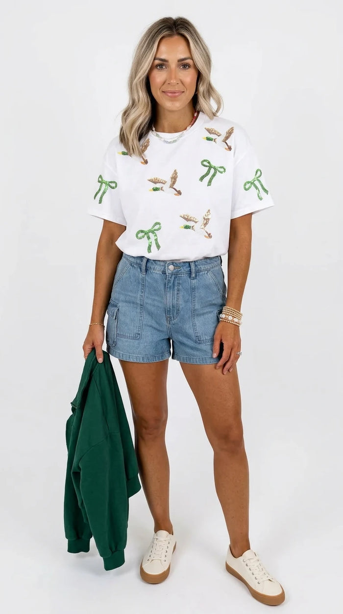 Full Size Sequin Mallard Bow Round Neck Graphic T Shirt Plus Size in White