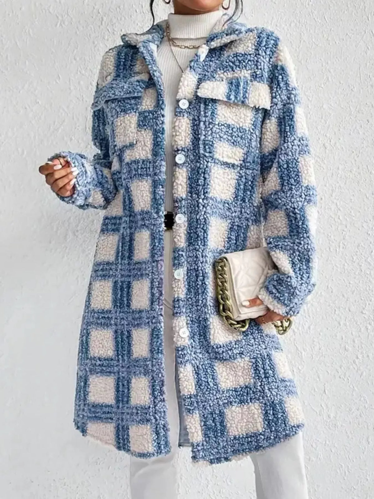 Plaid Button Up Long Sleeve Fleece Coat in Sky Blue, view 3
