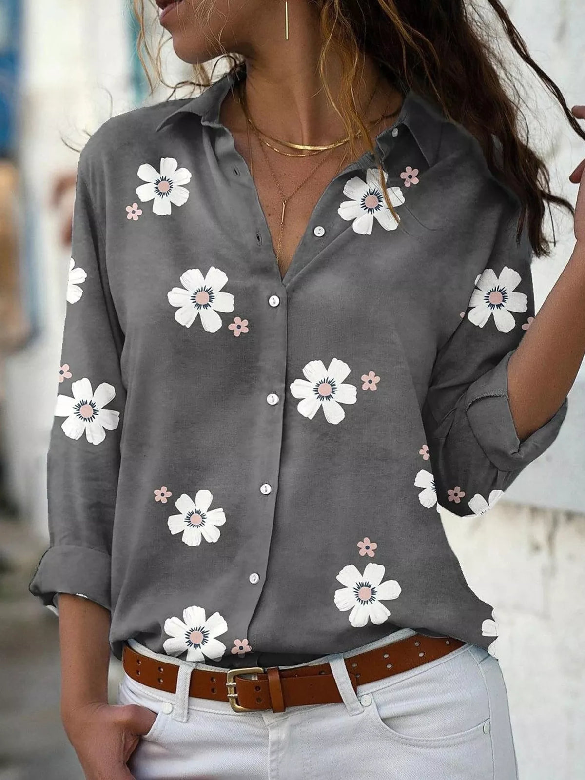 Full Size Floral Print Button-Down Casual Shirt Plus Size