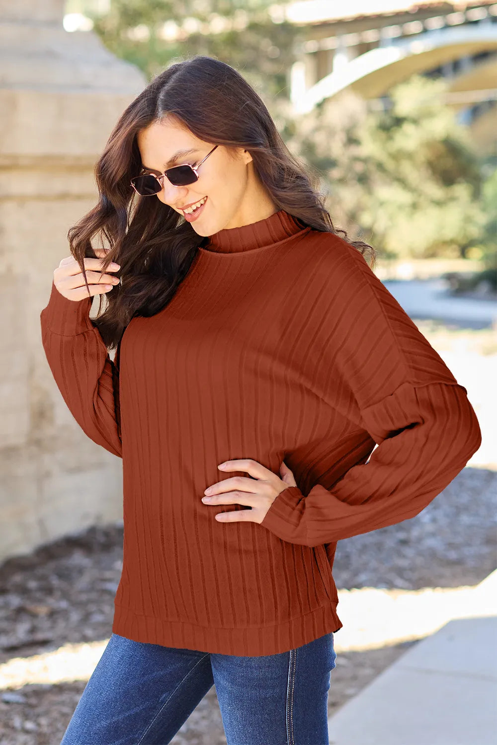 Basic Bae Full Size Ribbed Exposed Seam Mock Neck Knit Top - Lilixa.store