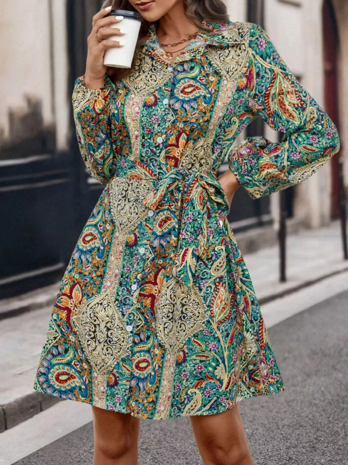 Paisley Print Button-Down Shirt Dress - Lilixa.store